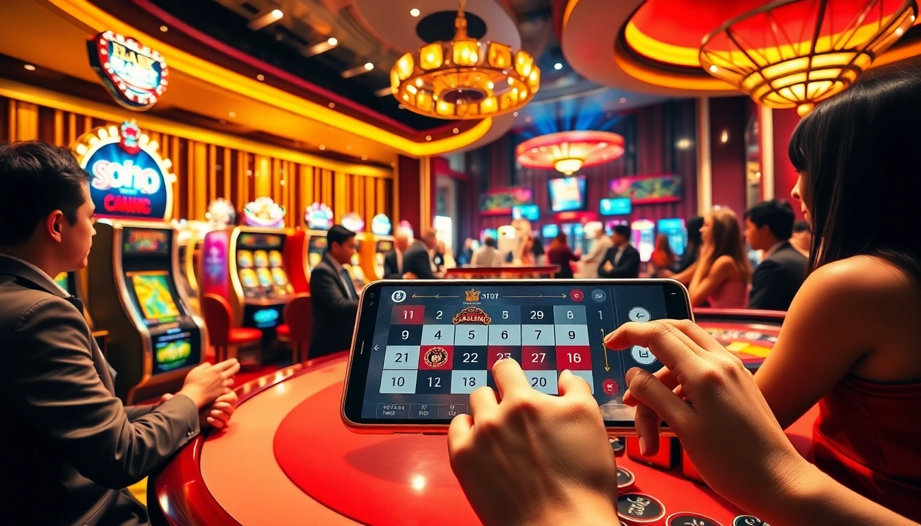 Players engaging with casino games and online interfaces at https://789win.associates/ in a lively, luxurious setting.
