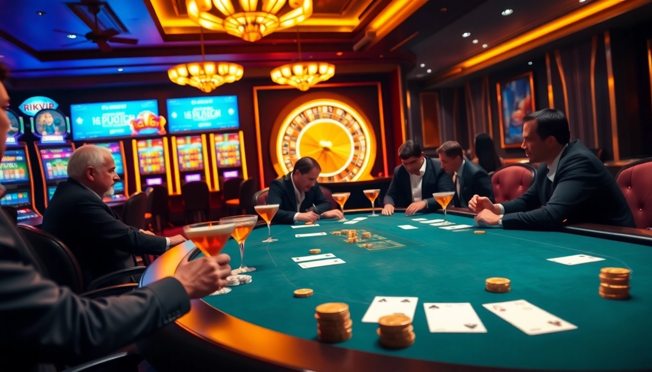 Players enjoying a thrilling poker game at Rikvip's vibrant casino, surrounded by slot machines.