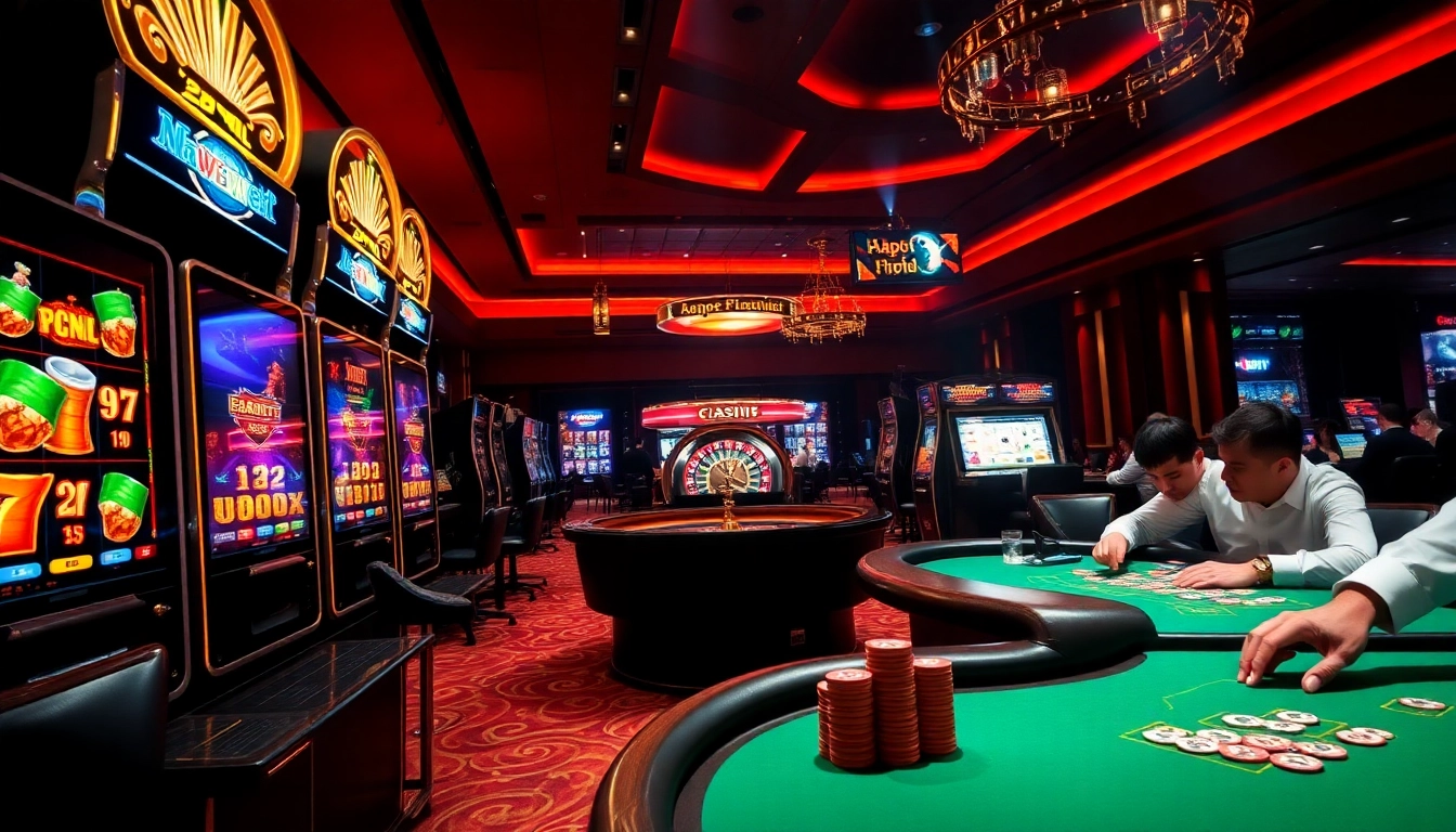 Players enjoying the excitement of casino games at 68win with vibrant slot machines and poker tables.