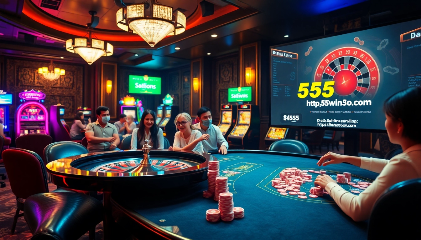 Exciting casino lounge scene featuring a roulette table and poker game at https://555win5.co.com, showcasing vibrant lighting and dynamic atmosphere.