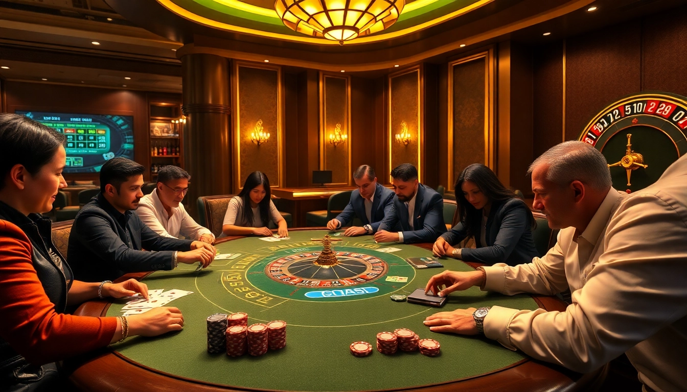 Engaging poker players strategizing with keonhacai odds at a luxurious casino table.