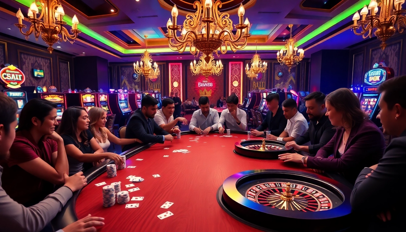 Exciting poker players at a luxurious Bem88 casino table with vibrant chips and cards.