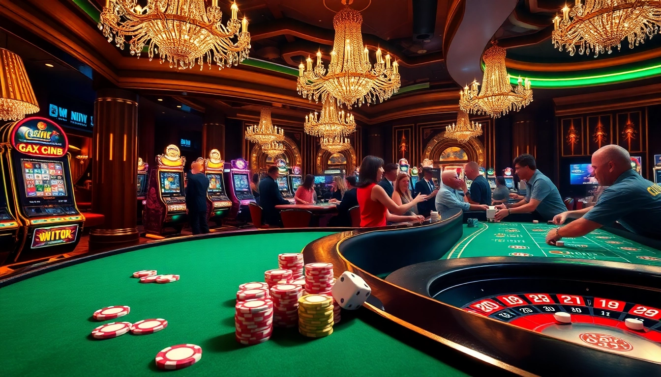 B52club players enjoying thrilling games at a luxurious casino with poker tables and slot machines.