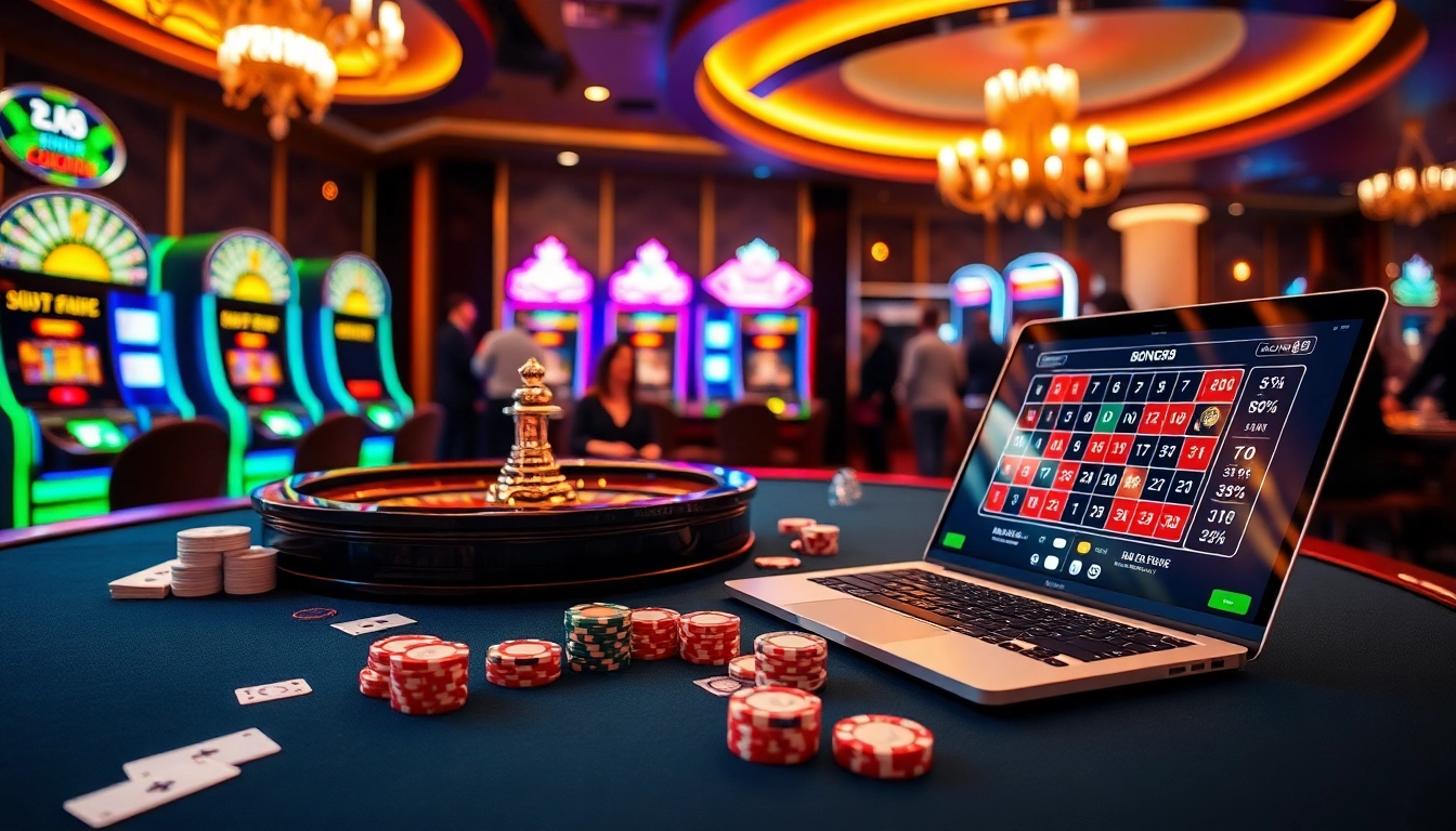 Experience the excitement of online gambling at https://bong88.casa/ in a luxurious casino setting with poker chips and roulette.