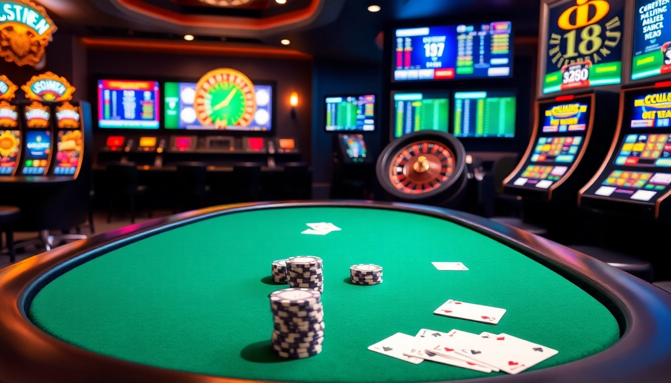 C168 casino table action with poker chips and vibrant slot machines in a luxurious setting.