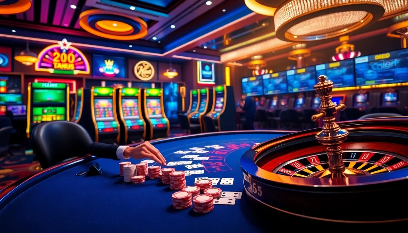 Experience thrilling gameplay at KK55 with vivid casino chips and illuminated slot machines.