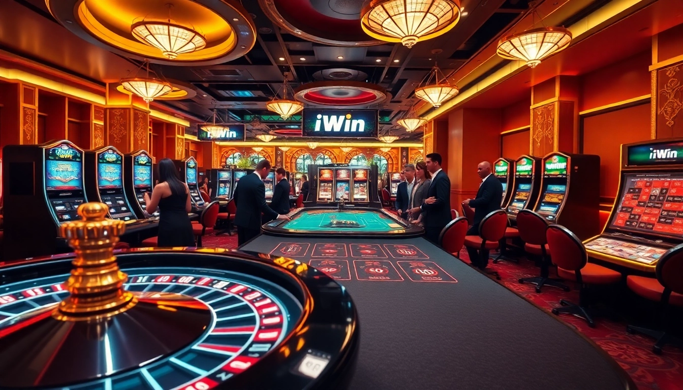 Experience thrilling gaming at iWin with vibrant casino tables, exciting slot machines, and players enjoying their bets.