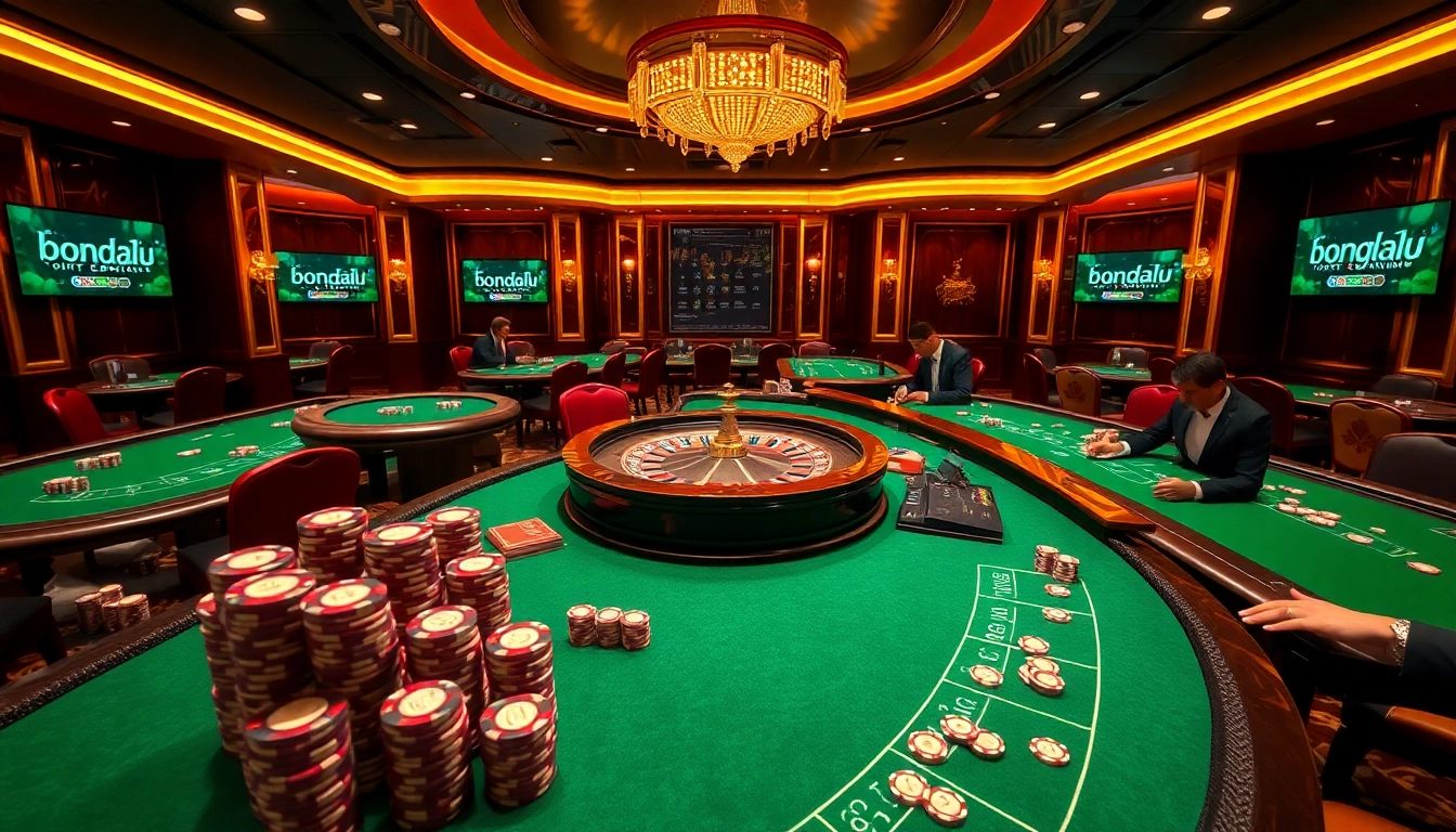 Bongdalu betting scene capturing players at luxurious casino tables with roulette and poker gameplay.