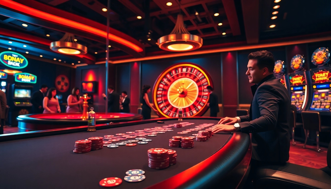 8DAY casino experience with vibrant poker table, roulette wheel, and slot machines.