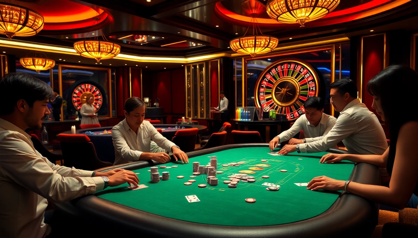 Players enjoying a poker game at 33win, showcasing vibrant chips and a roulette wheel.