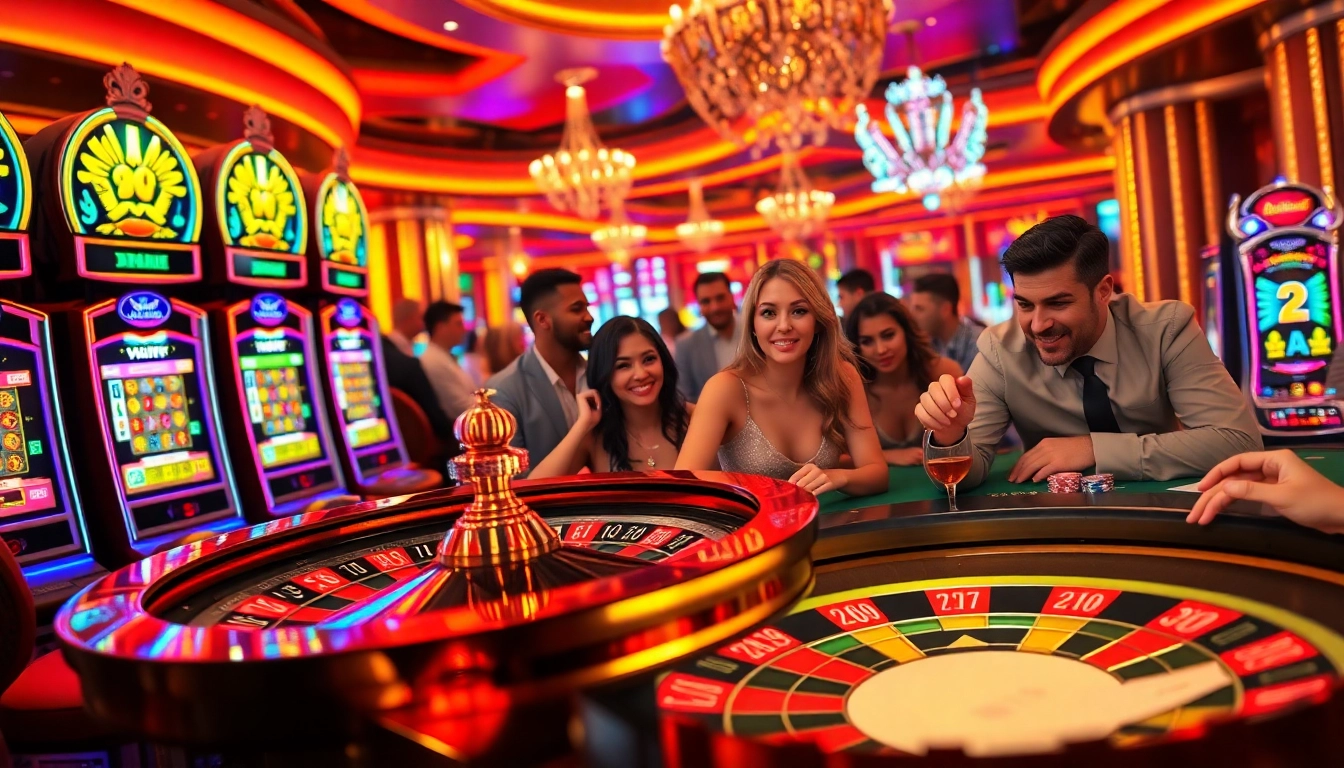 Pahala4d players engaging at a luxury casino with vibrant slot machines and a roulette wheel.