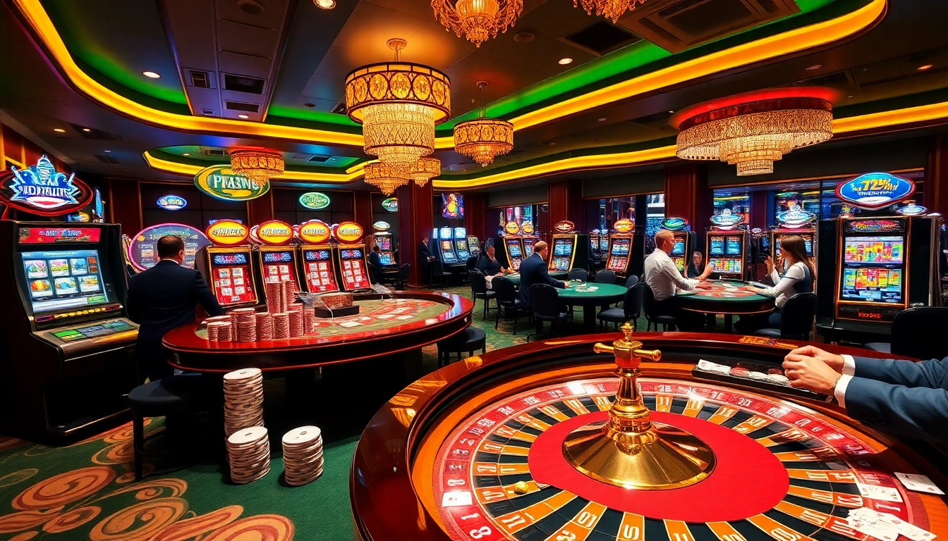 Players enjoying games at Bay789's luxurious casino, featuring roulette and poker tables.