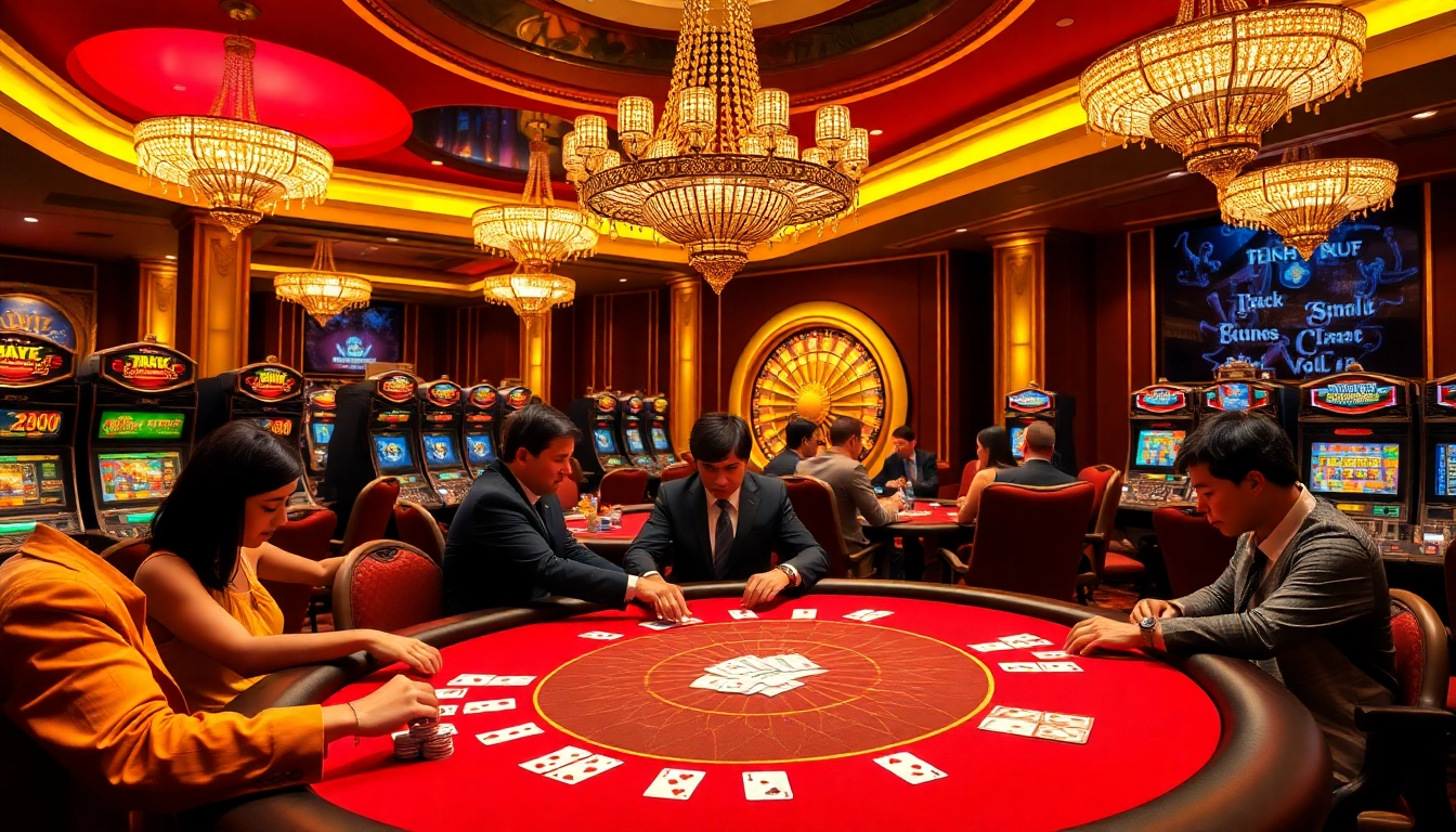 Experience the thrill of luck8 at an upscale casino with players enjoying poker and vibrant slot machines.