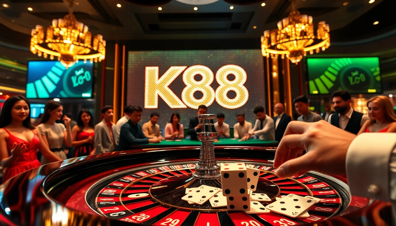 K88 casino scene featuring excited players at a roulette table, chips, and vivid cards.
