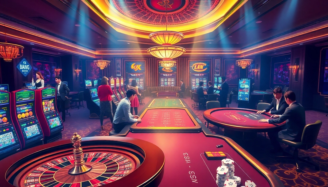 Captivating casino scene featuring players at tables, highlighting excitement at https://bong88.casa/ with cards and chips.