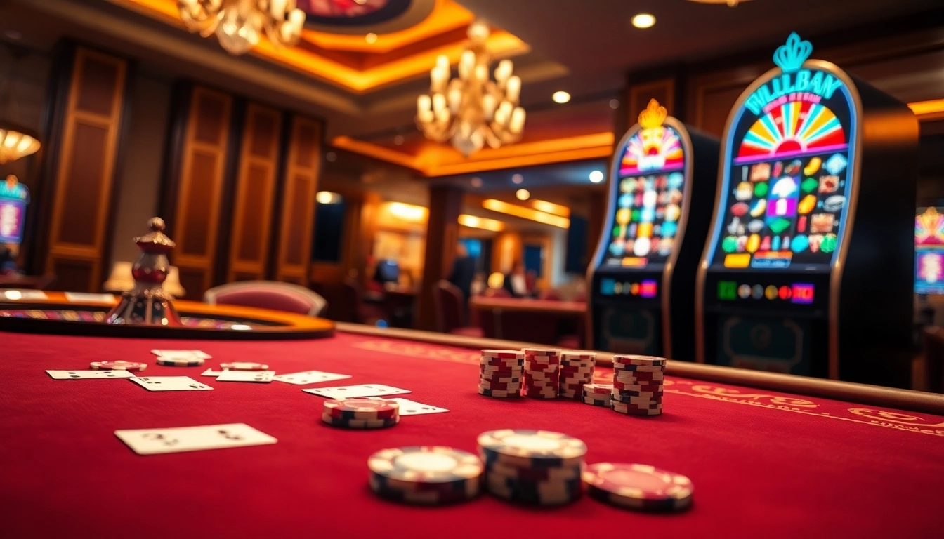 Exciting QH88 casino scene featuring a vibrant poker table, roulette wheel, and slot machines.