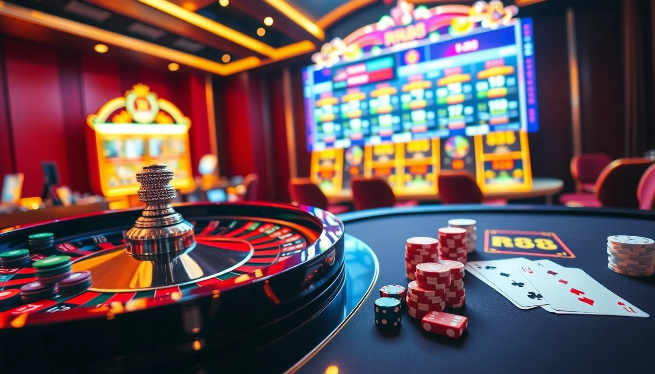 Engaging online gambling interface at https://rr88.cz/ with casino elements like roulette, poker chips, and slot machines.
