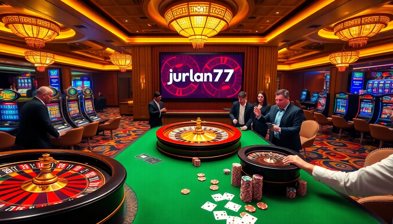 Experience the excitement at juragan77's vibrant casino scene with roulette, slots, and celebrating players.