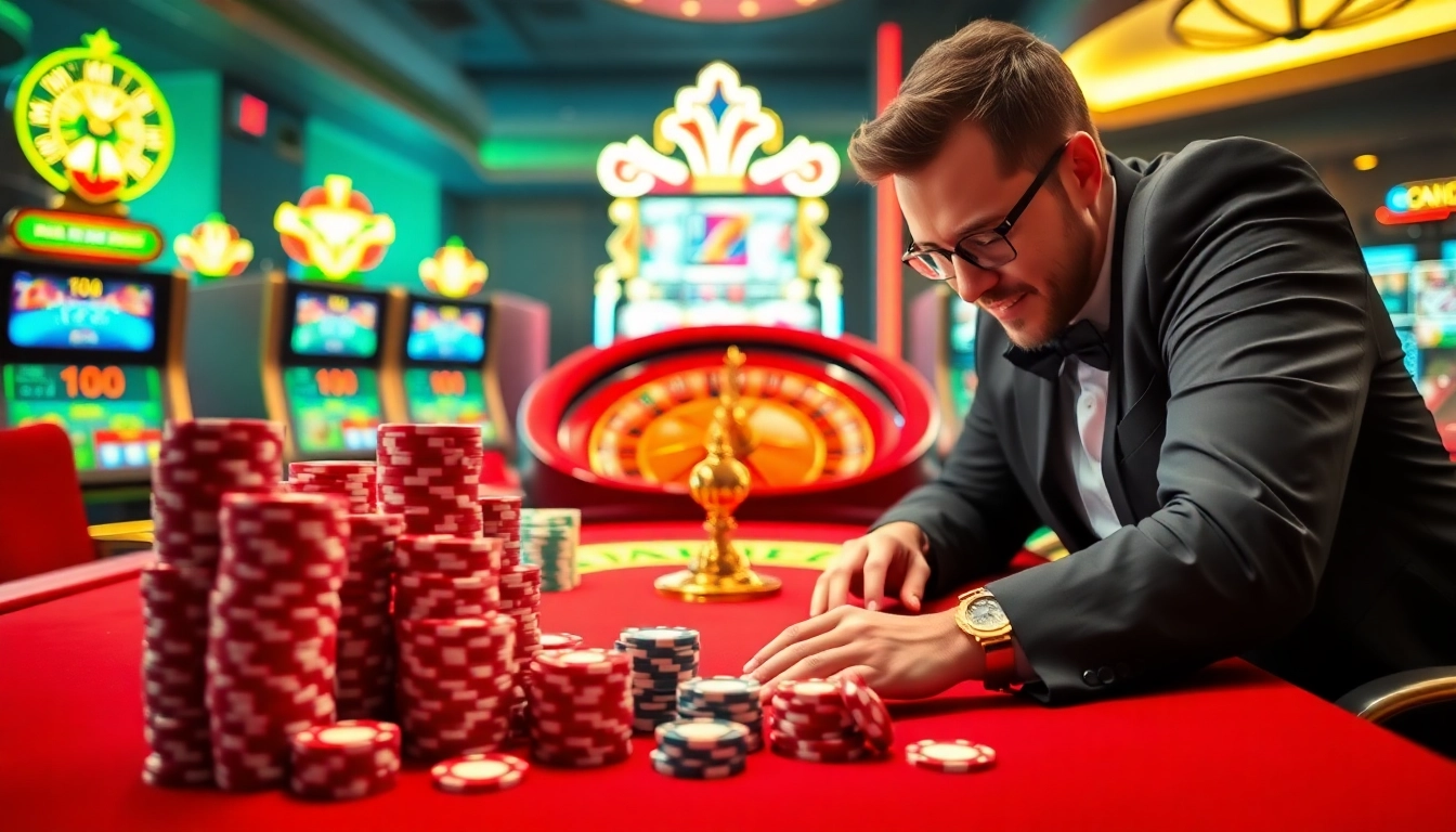 Mengajak pemain menggunakan Datukwin Alternatif di meja kasino online mewah dengan chip poker dan mesin slot yang berwarna-warni.