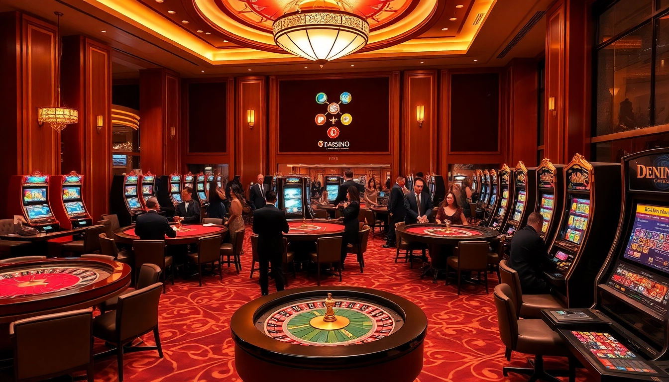 Experience the thrill of gambling at https://x88ni.com/ with elegant casino visuals showcasing roulette tables and slot machines.