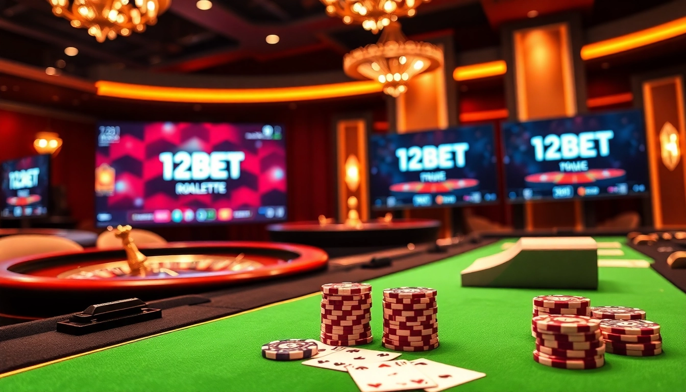 Experience thrilling action at 12BET's luxurious casino with vibrant poker chips and a spinning roulette wheel.