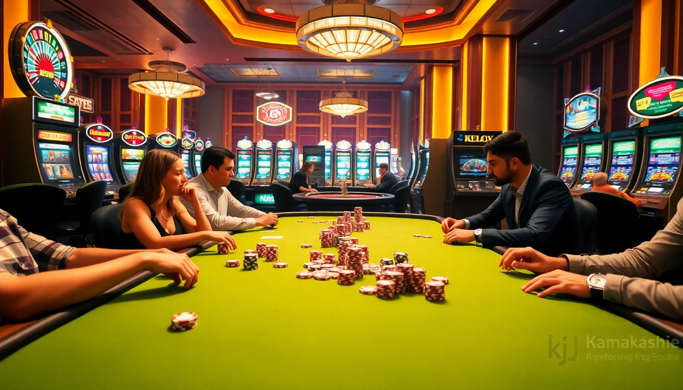 KJC players enjoy an exhilarating round at a luxury poker table in a vibrant casino setting.