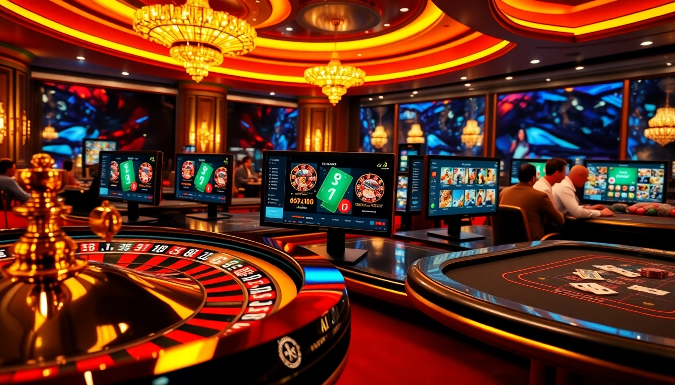 Play dynamic gambling games at https://8xxcom.app/, featuring a thrilling casino scene with cards and roulette.