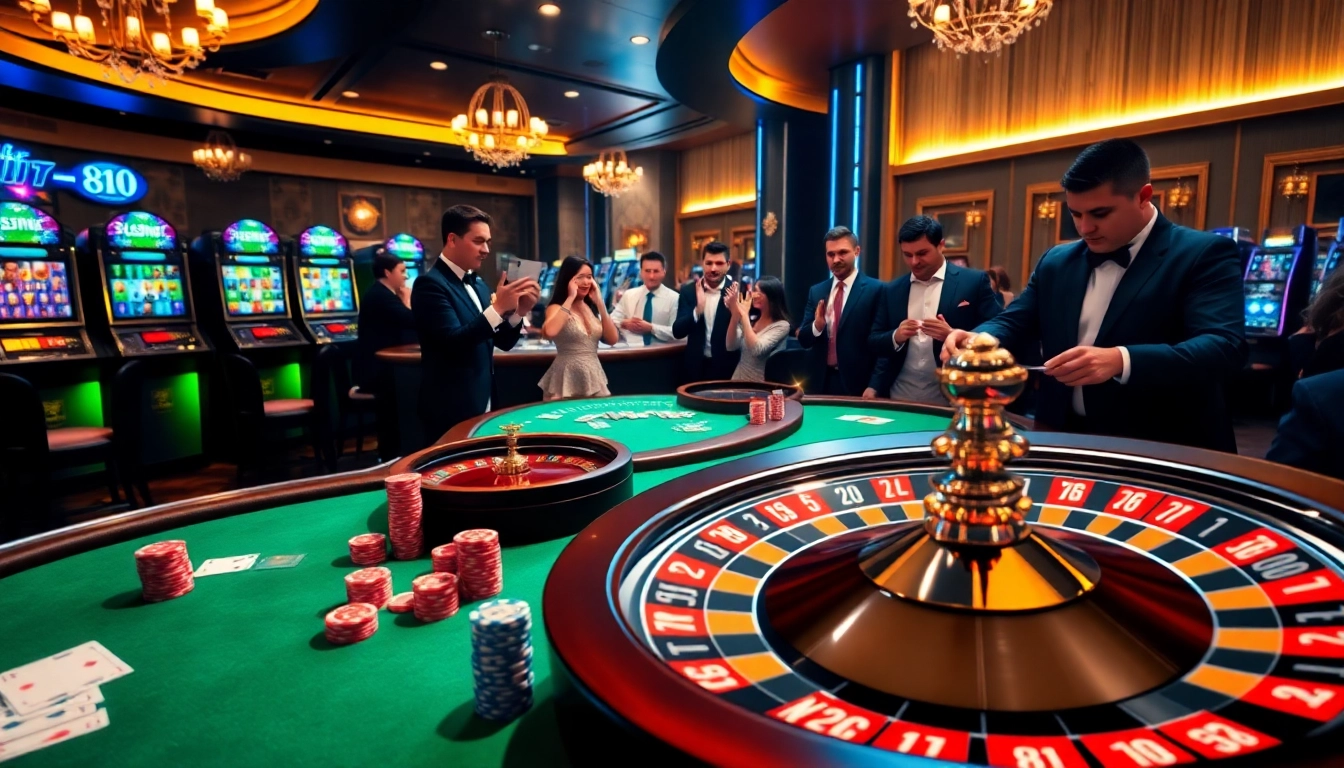 MM88 casino scene with poker, roulette, and lively players showcasing an engaging gaming atmosphere.