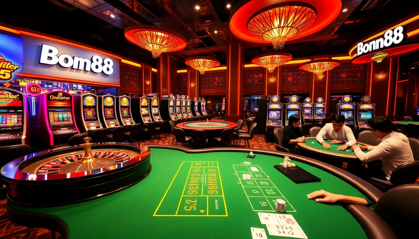 Bong88 gaming area showcasing vibrant casino excitement with roulette and slot machines.