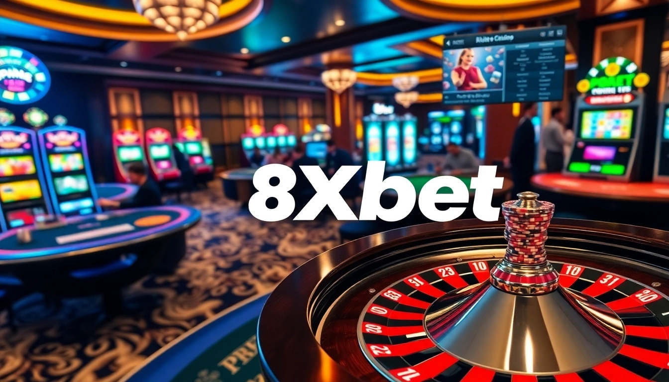 Experience thrilling gambling action at 8Xbet's luxurious online casino with vibrant tables and slot machines.