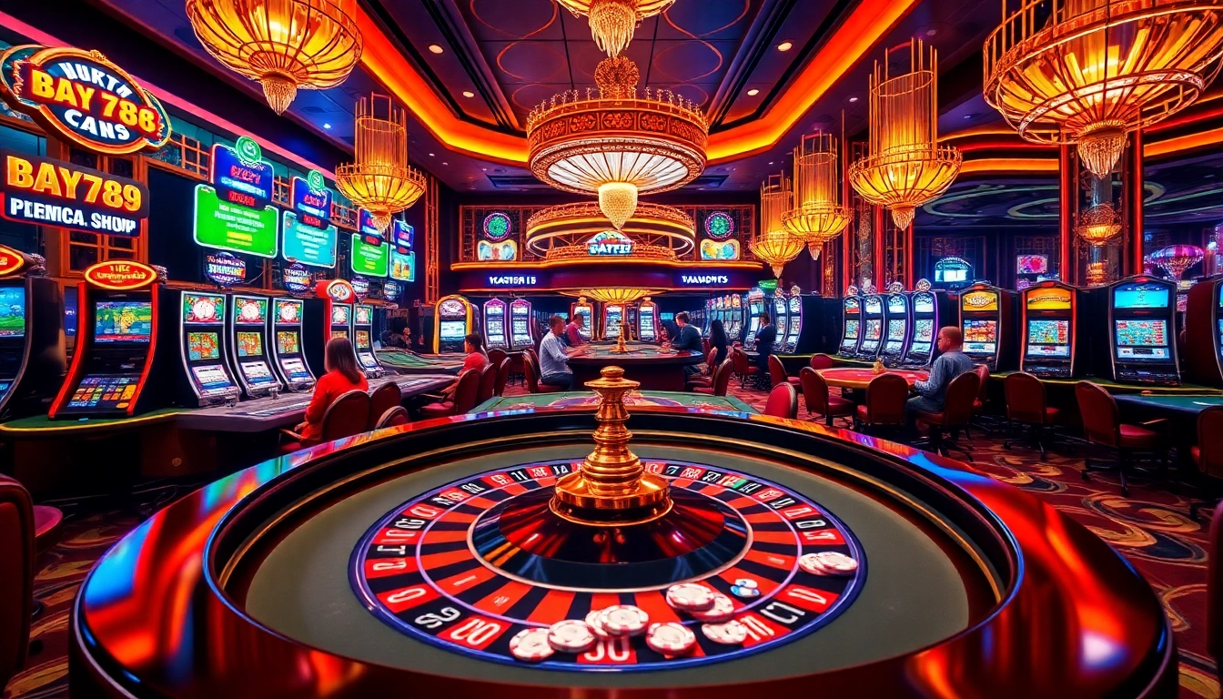 Players enjoying a thrilling game at Bay789's lively casino with vibrant roulette and slot machines.
