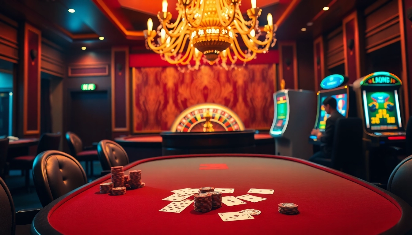 KJC gamblers enjoy an exciting poker game with vibrant chips and lively atmosphere in a luxury casino.