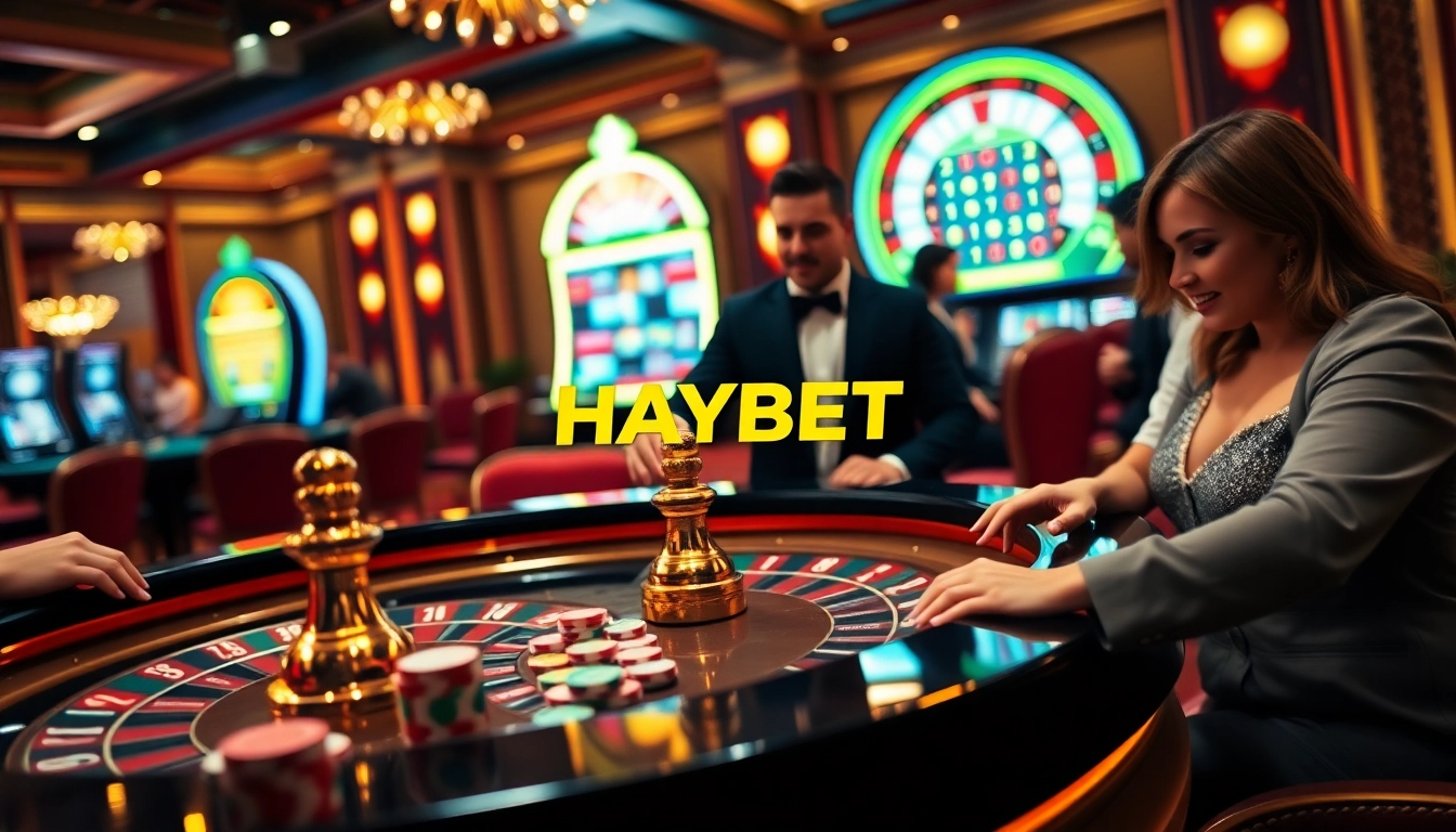 Experience HAYBET with vibrant online gambling action at a luxury casino table featuring roulette and excited players.
