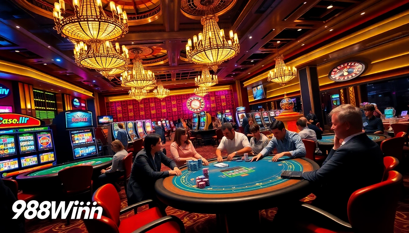 Experience the excitement of 98Win with dealers at a high-stakes poker table and vibrant slot machines.