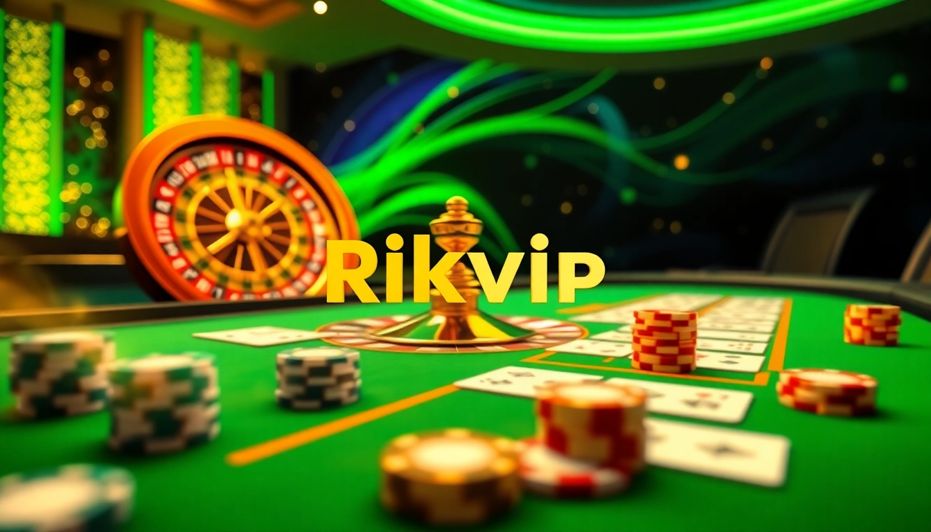 Experience the excitement of gambling at Rikvip with a vibrant casino scene featuring roulette and poker elements.