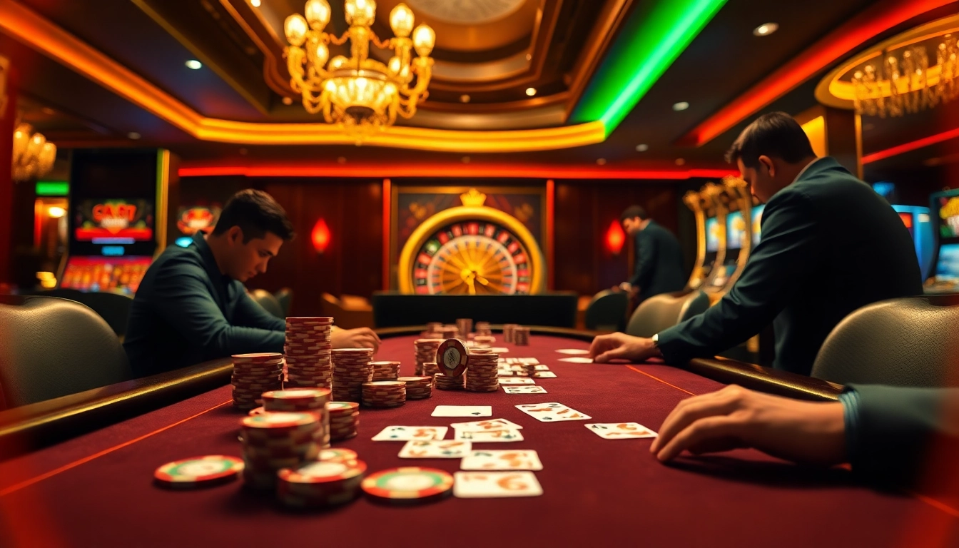 Engaged players at SODO CASINO poker table amidst colorful chips and cards.