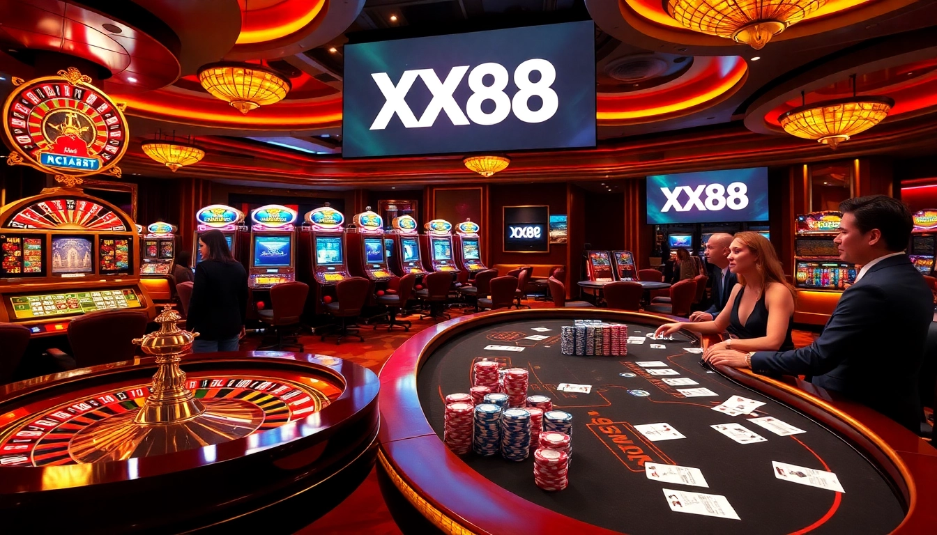 Actions at XX88 casino with thrilling games and elegant players in a vibrant casino setting.