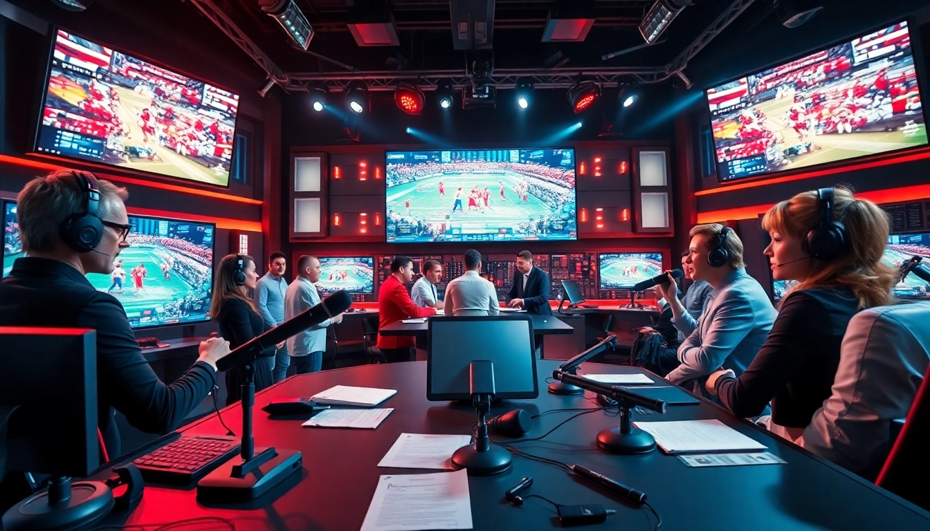 Engaging sports broadcasting scene showing diverse hosts in a vibrant studio.