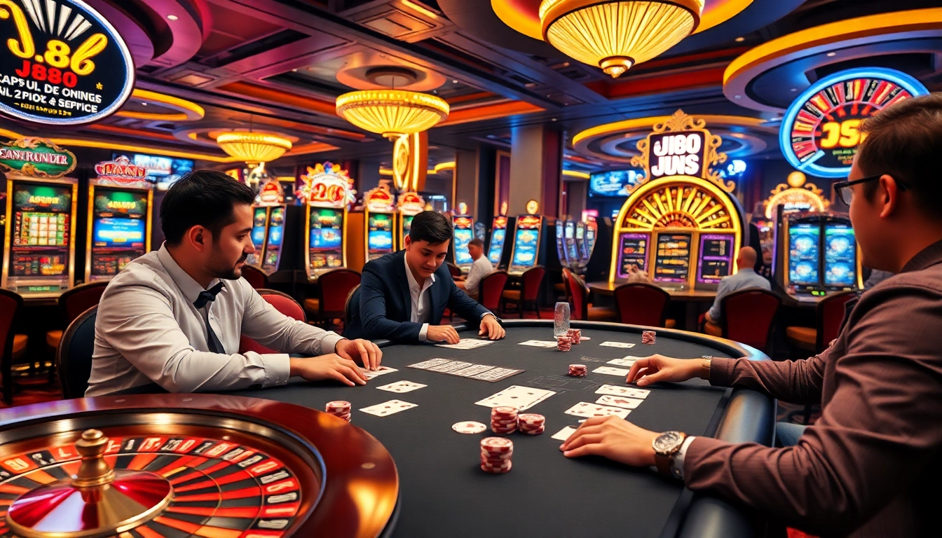 Players enjoy high-stakes poker at a luxurious casino table, highlighting j88's vibrant gaming atmosphere.