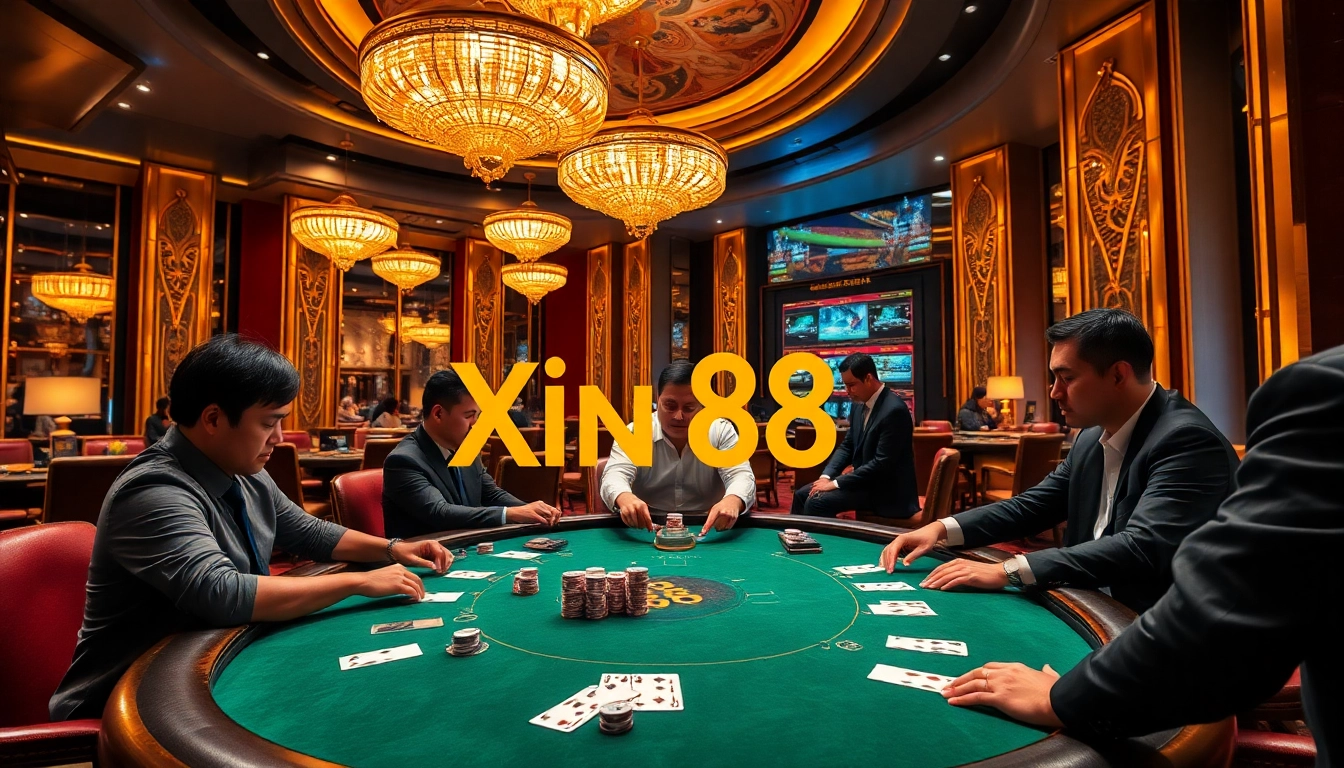 Experience thrilling poker gameplay at Xin 88 casino with vibrant colors and luxurious ambiance.