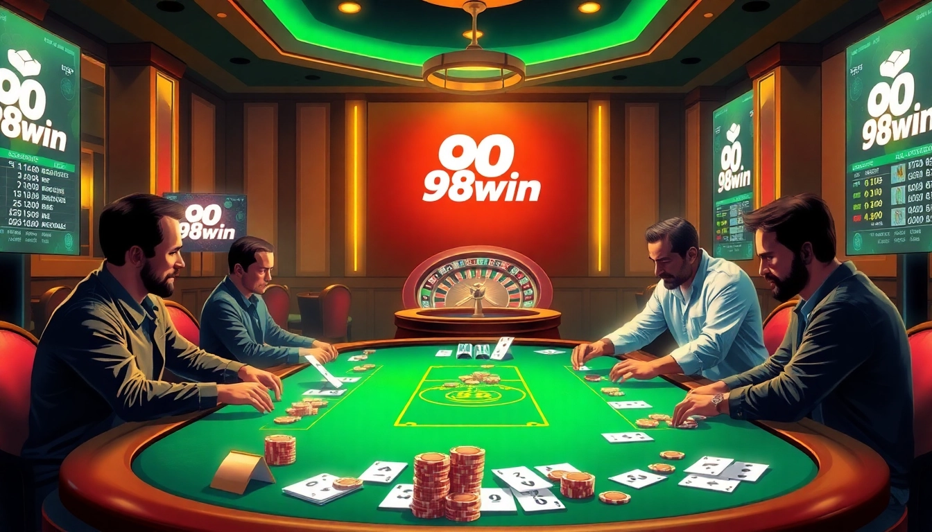 Experience thrilling poker action at 98win with players and vibrant chips in a luxurious casino.