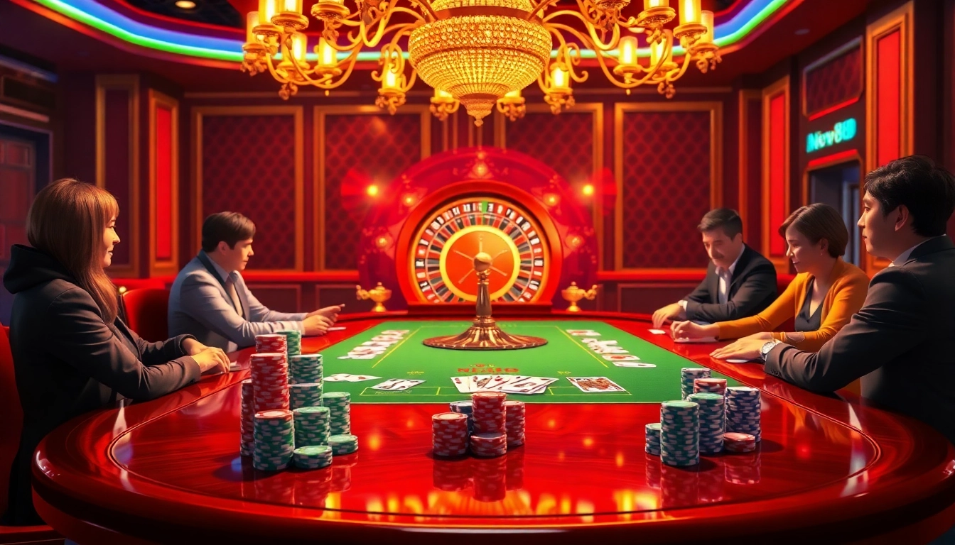 Experience the thrill of gambling at New88 with vibrant poker chips and a roulette wheel.