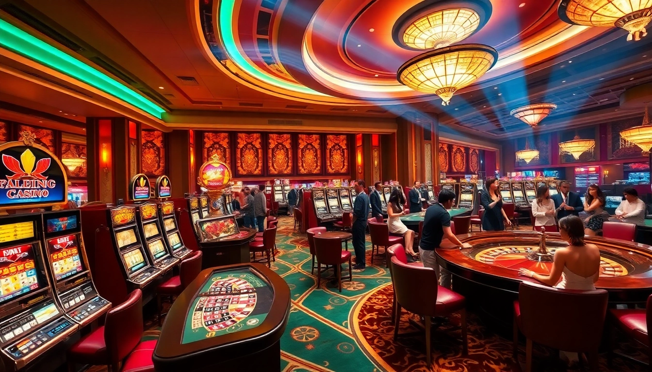Nc88 casino scene featuring players at poker tables and slot machines, conveying a vibrant gambling atmosphere.