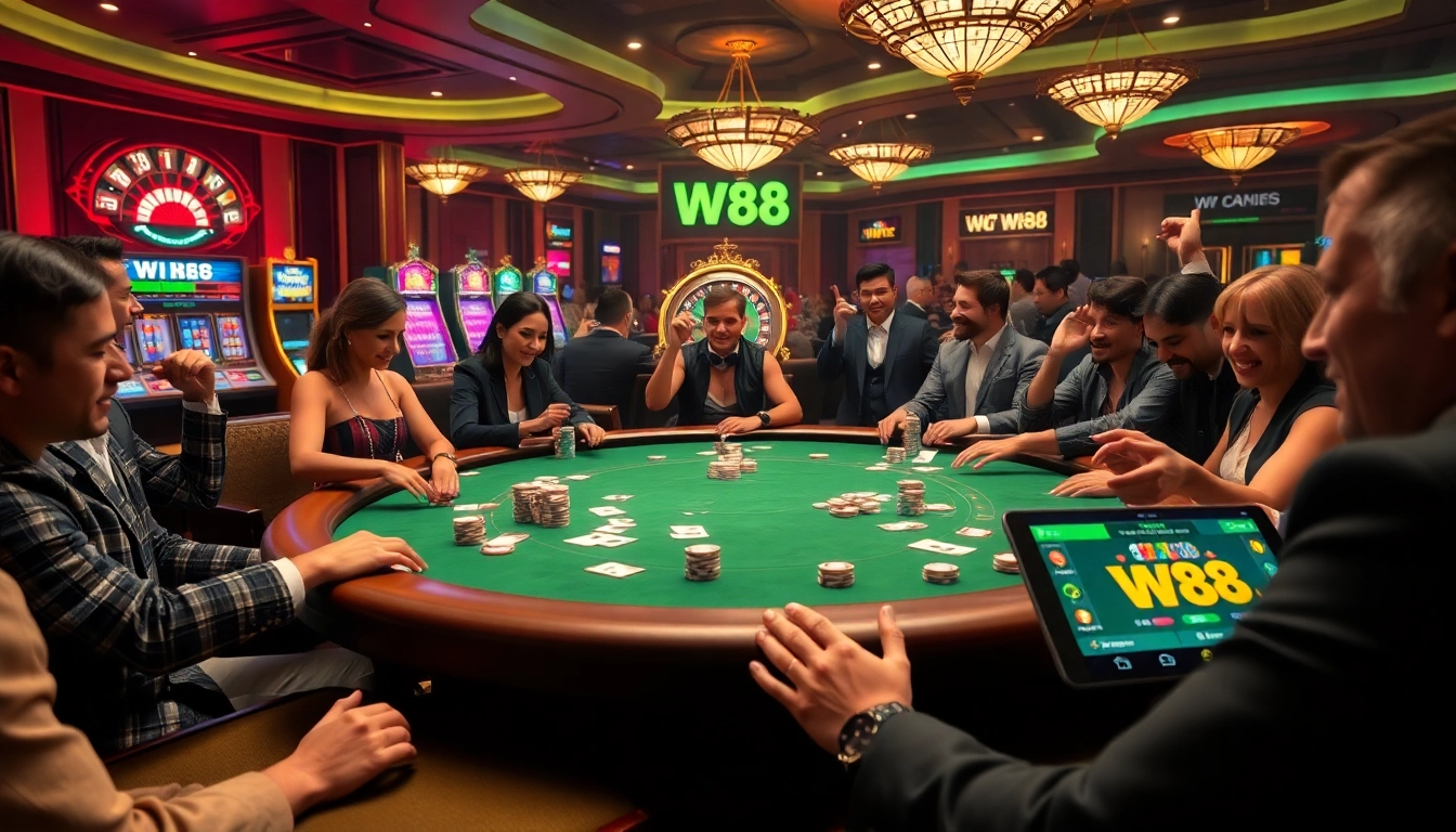 Players enjoying a thrilling poker game at W88 with vibrant casino ambiance.