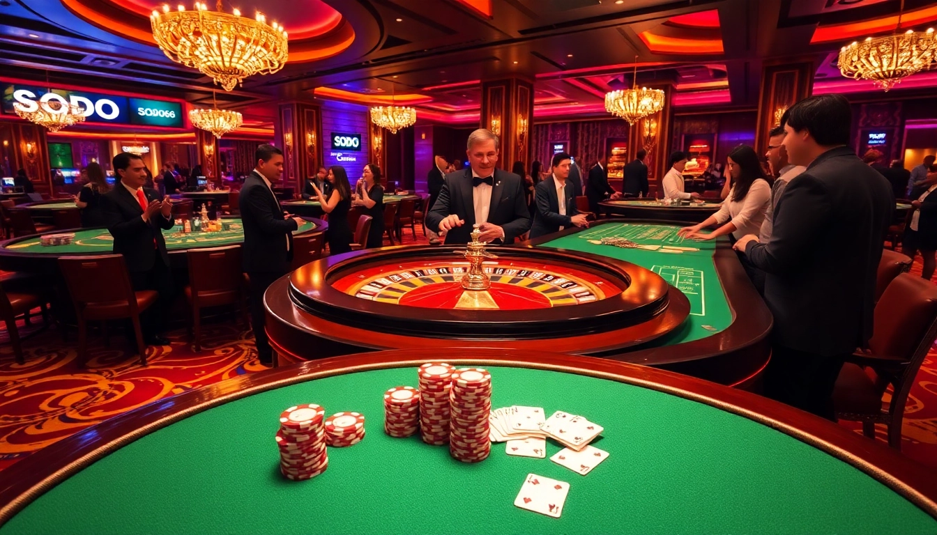 SODO66 players strategizing over poker chips and cards at a lavish casino table.