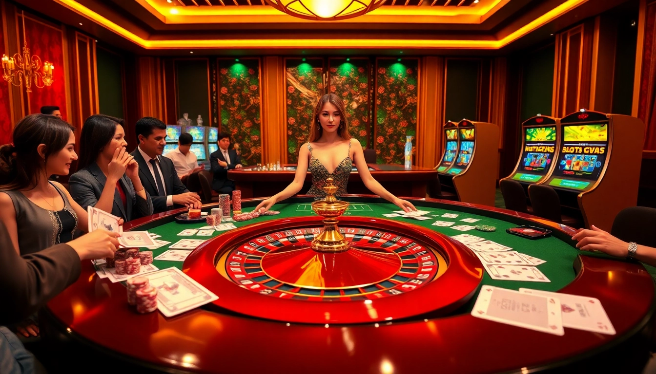 Experience thrilling gaming action at rr88.center with vibrant casino tables and glamorous players.