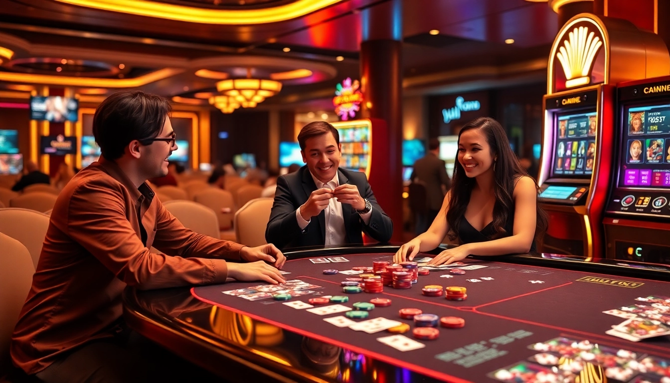 Exciting casino scene illustrating gambling at https://33win68.io/ with vibrant poker chips and players engaged in betting.
