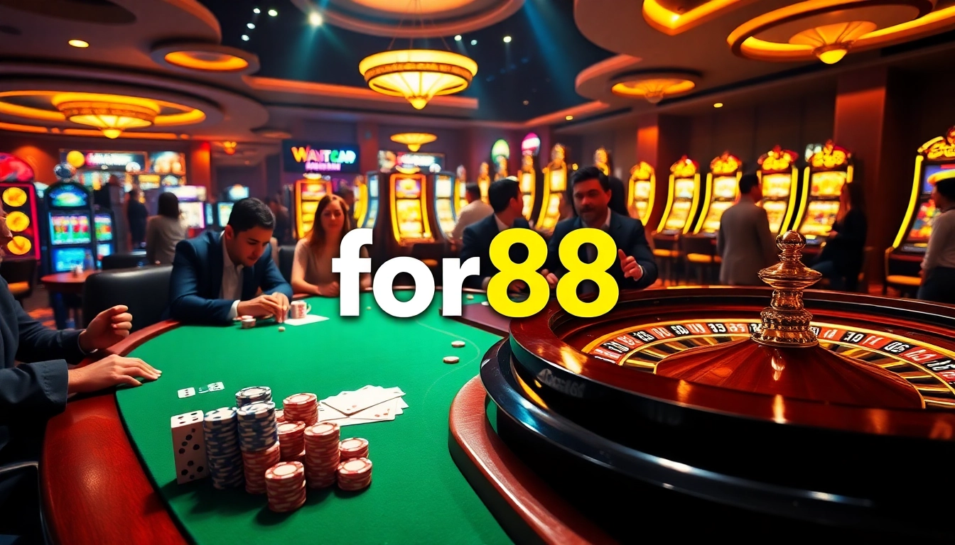 Engage in thrilling online games at for88, showcasing vibrant casino tables and slot machines.