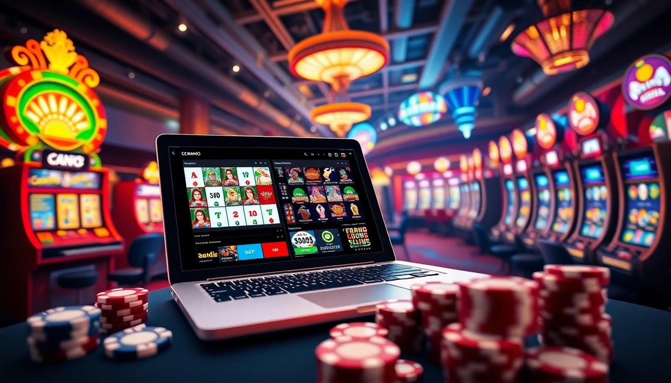 Engaging scene of online gambling through lego138 interface surrounded by classic casino elements.