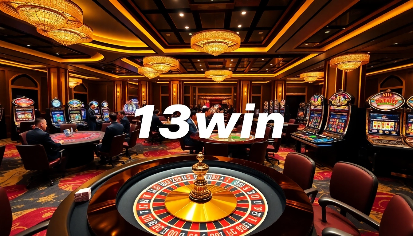 Players enjoying high-stakes gaming at 13win casino, featuring vibrant tables and roulette wheels.